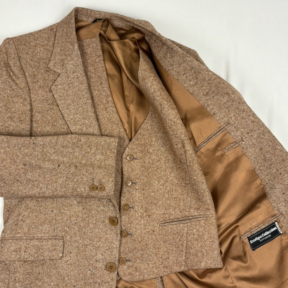 VTG 80s Europa Collection Donegal Wool Tweed Sport Coat/Vest 38R Surgeon Cuff